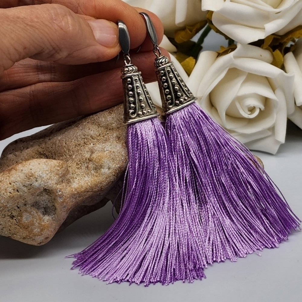 Lilac Silk Purple Tassels Unique Jewelry Silver Earrings Long Dangling